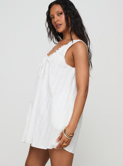 side view of model wearing Princess Polly Antiquity Swing Mini Dress White V-Neck 