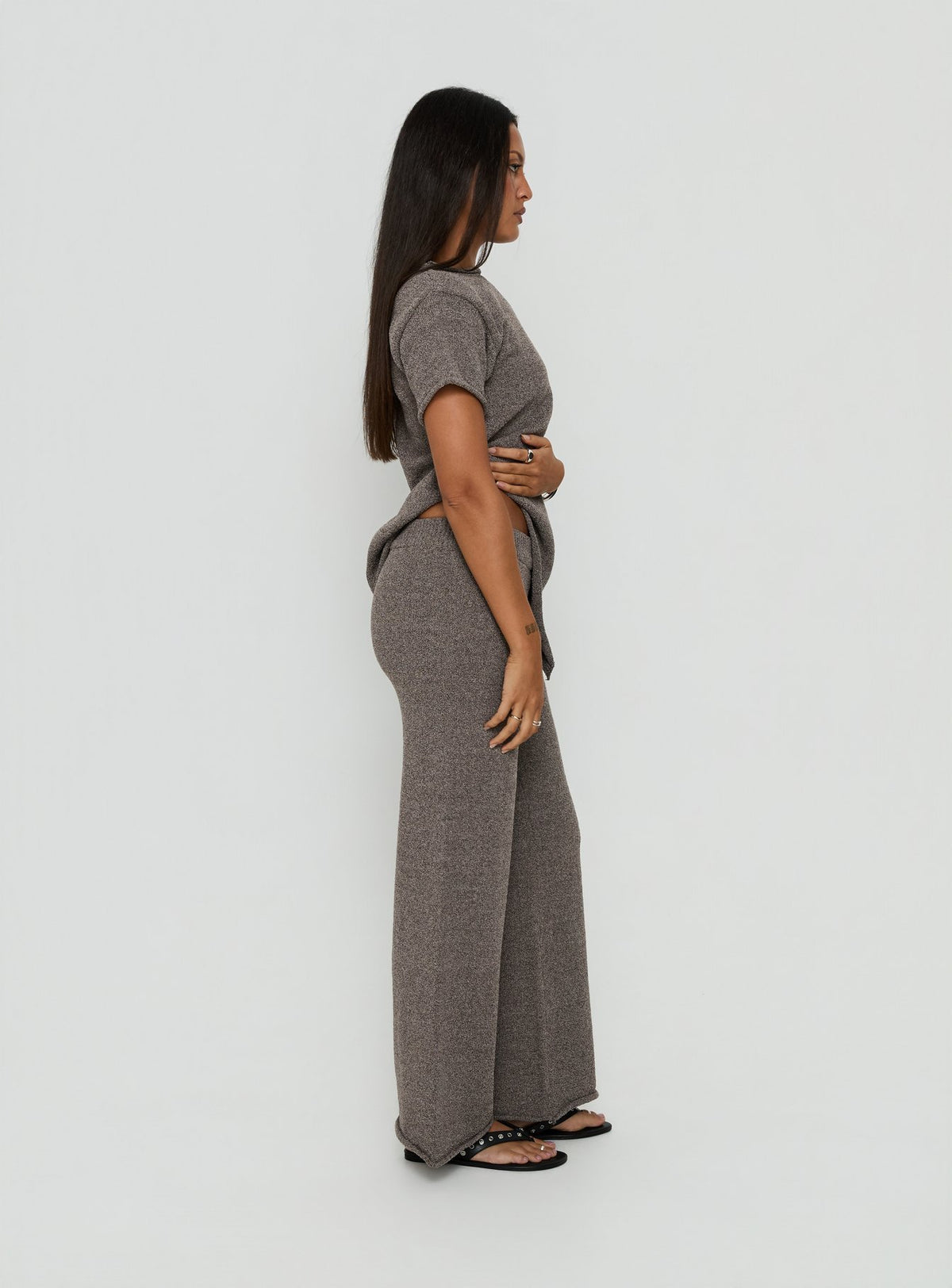 Styled Calisse Knit Wide Leg Pants Mocha womens regular pants with high-rise silhouette side view of model wearing Princess Polly
