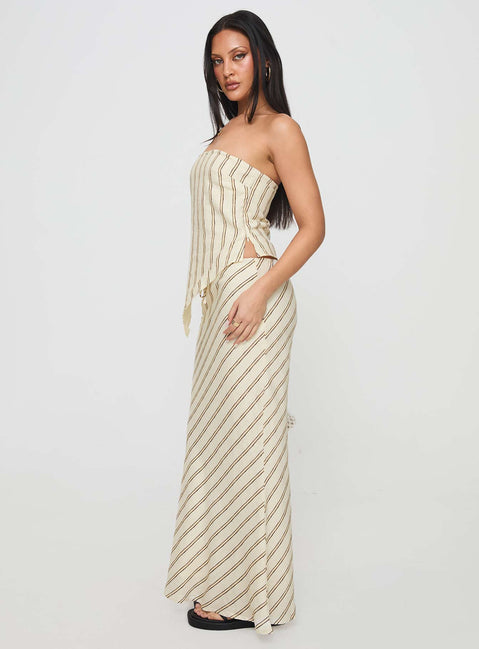   side view of model wearing Princess Polly Mercer Linen Blend Maxi Skirt Cream Skirts 