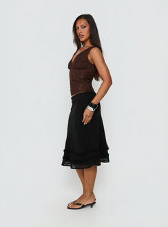   side view of model wearing Princess Polly Clarabella Frill Midi Skirt Black Midi Skirts Skirts 