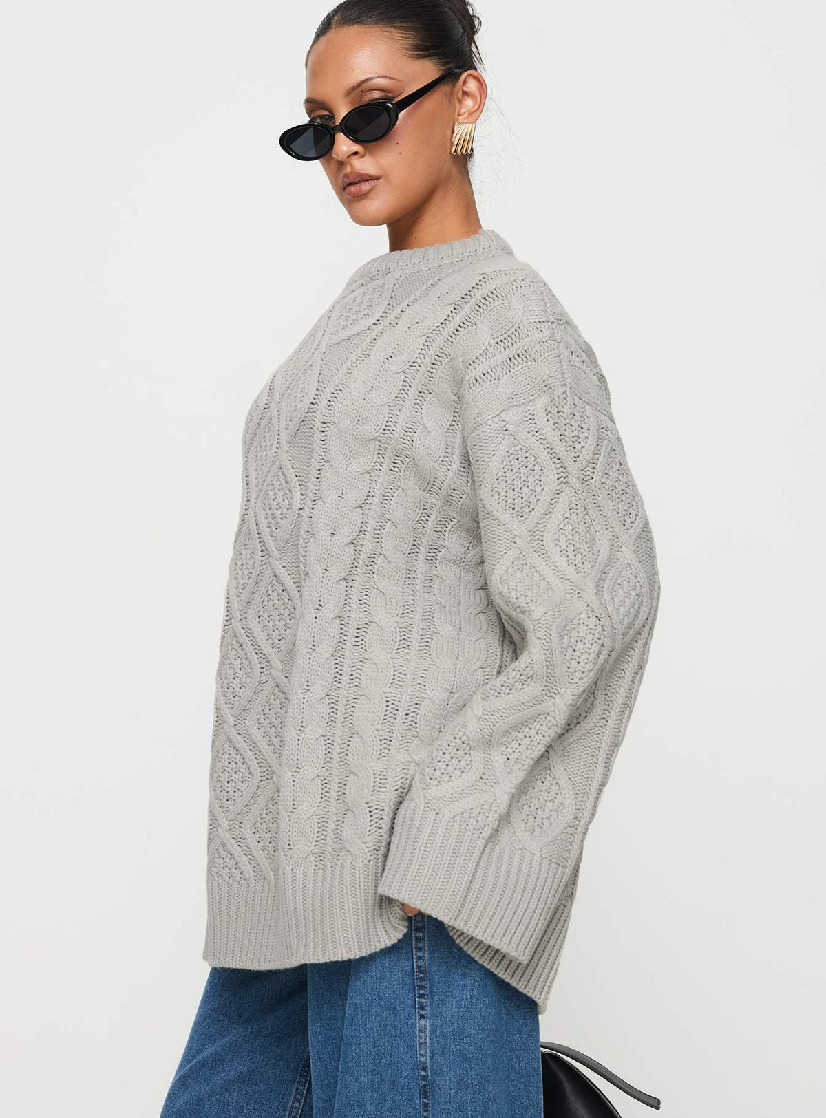 side view of model wearing Princess Polly Gigi Knit Sweater Cloud Longline Jumpers Jumpers 