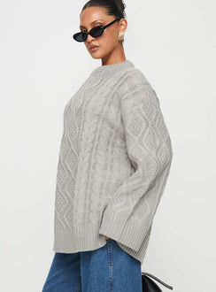 side view of model wearing Princess Polly Gigi Knit Sweater Cloud Longline Jumpers Jumpers 