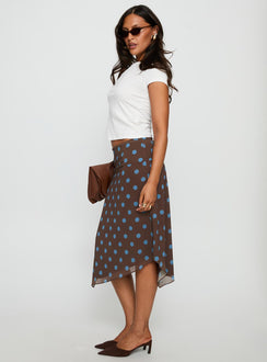   side view of model wearing Princess Polly Daphene Asymmetrical Midi Skirt Brown / Blue Polka Dot Midi Skirts Skirts 