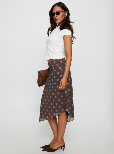   side view of model wearing Princess Polly Daphene Asymmetrical Midi Skirt Brown / Blue Polka Dot Midi Skirts Skirts 