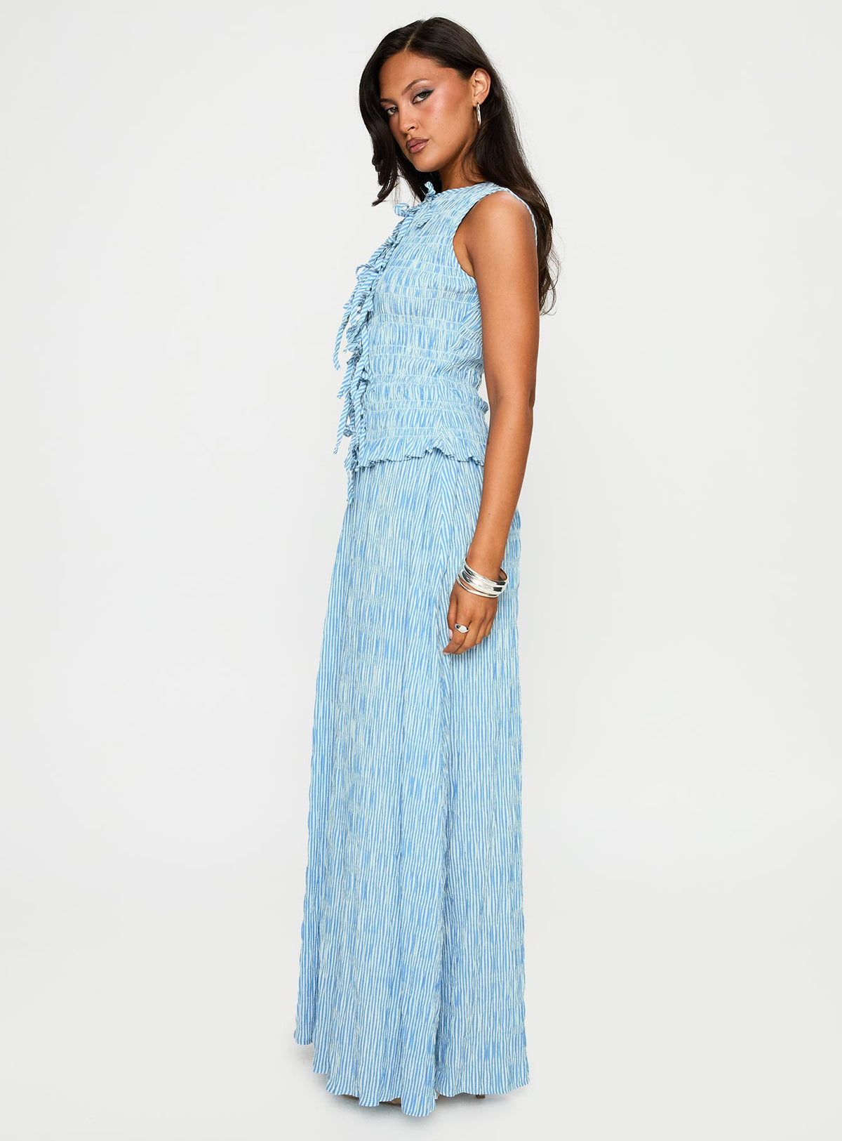 side view of model wearing Princess Polly Songbird Shirred Maxi Dress Blue Crew Neck 