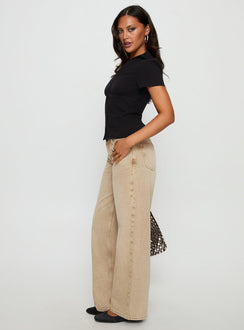 side view of model wearing Princess Polly Ellanor Low Rise Straight Leg Jeans Tan Low Rise Jeans Jeans 