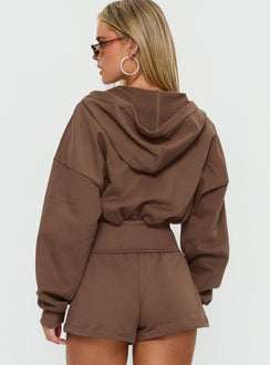 Presenting the Daytime Cropped Blouson Hoodie Cocoa womens-jumpers in short length back view of model wearing Princess Polly