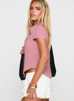 side view of model wearing Princess Polly Float Away Button Up Top Red Check Short Sleeves V-Neck 