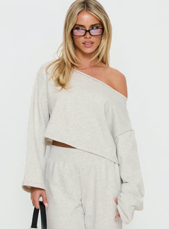 front view of model wearing Princess Polly Retreat Raw Edge Off Shoulder Jumper Snow Marle cropped Jumpers 