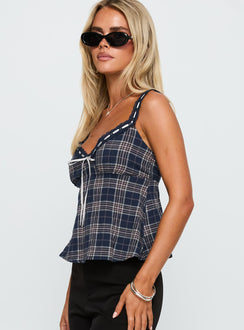 side view of model wearing Princess Polly Pretty It Up Tie Detail Top Blue Check Sleeveless V-Neck 