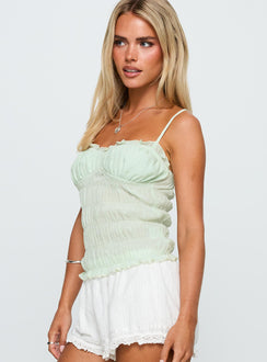 side view of model wearing Princess Polly Money Maker Ruched Cami Top Aqua Sleeveless Sweetheart 