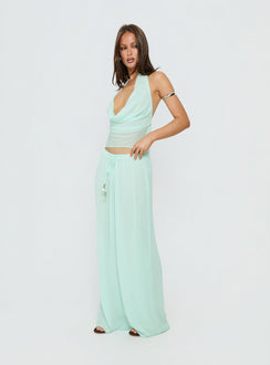 side view of model wearing Princess Polly Distinction Chiffon Pants Aqua Mid Rise Pants Pants 