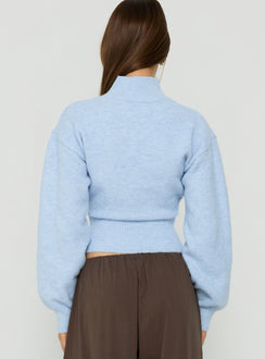 Displaying the Agneta Zip Through Funnel Neck Sweater Blue womens-jumpers in short length back view of model wearing Princess Polly