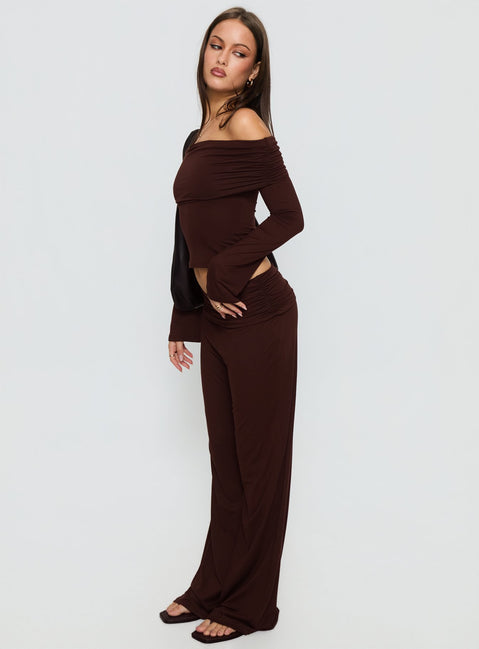 side view of model wearing Princess Polly Fawne Ruched Folded Pants Brown Mid Rise Pants Pants 