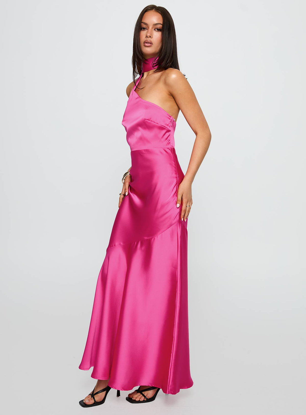 side view of model wearing Princess Polly Elixaire Scarf Maxi Dress Pink Asymmetric Neckline 