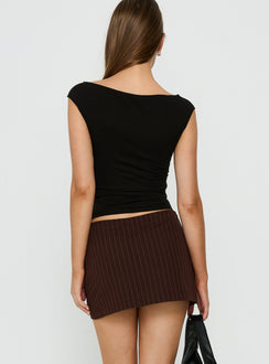 Designed with the Myrienne Belted Mini Skirt Brown Pinstripe womens skirts featuring stripe print back view of model wearing Princess Polly