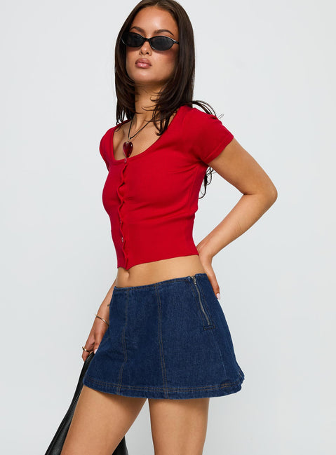 side view of model wearing Princess Polly Lemoni Skort Denim Blue Low Rise Shorts 