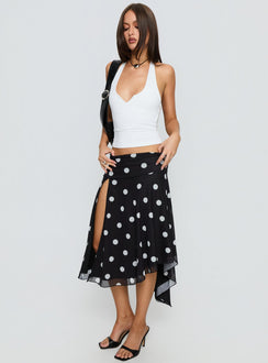   front view of model wearing Princess Polly Dulciana High Split Asymmetrical Midi Skirt Black / Polka Dot Midi Skirts Skirts 