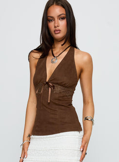 back view of model wearing Princess Polly Dance For You Faux Suede Halter Top Brown Sleeveless V-Neck 