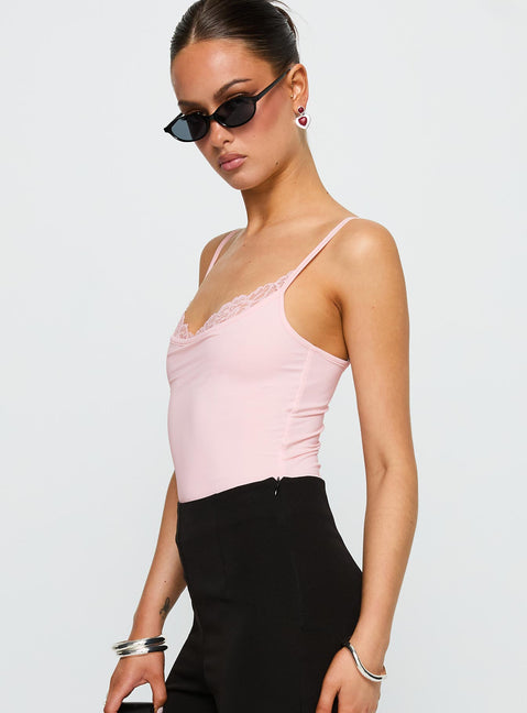 side view of model wearing Princess Polly Aetherial Lace Detail Bodysuit Pink Sleeveless Bodysuit 