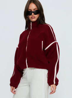 side view of model wearing Princess Polly Sammee Polar Fleece Contrast Zip Through Jacket Red Cropped Jumpers Jumpers 