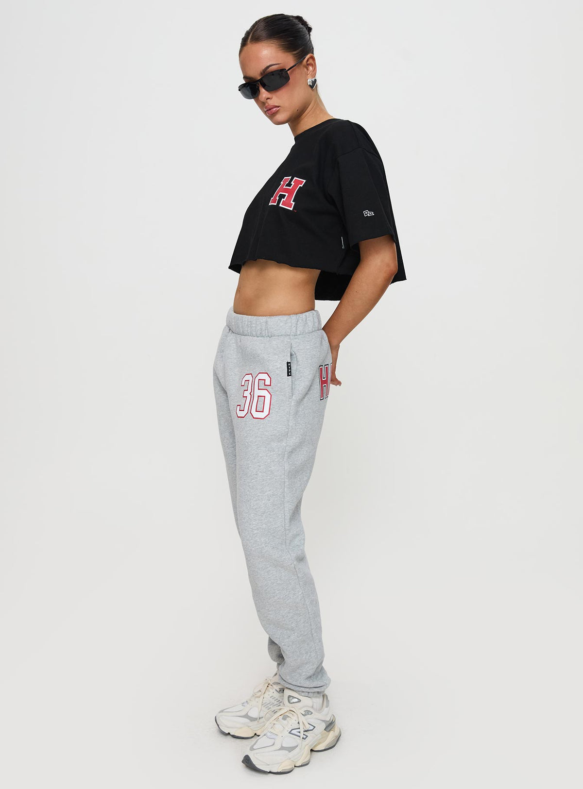 side view of model wearing Princess Polly Harvard Sweatpants Grey Pants 