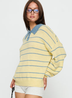 side view of model wearing Princess Polly Minda Collared Knit Sweater Yellow Stripe Jumpers 
