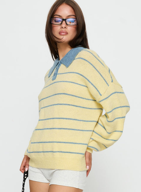 side view of model wearing Princess Polly Minda Collared Knit Sweater Yellow Stripe Jumpers 