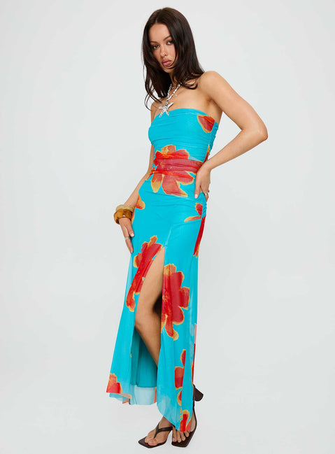 Katara Strapless Maxi Dress Blue / Orange Floral