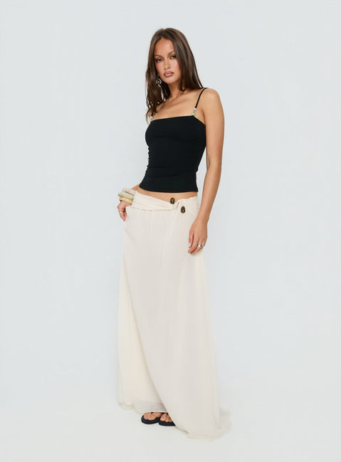   side view of model wearing Princess Polly Kaledia Chiffon Draped Maxi Skirt Cream Maxi Skirts Skirts 