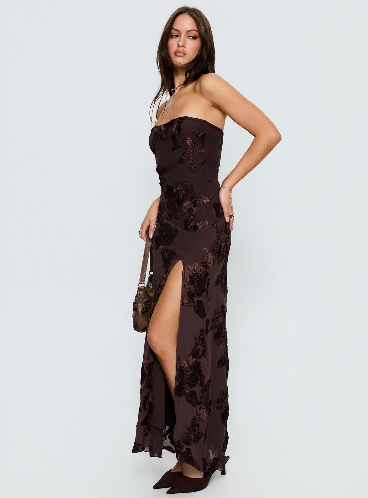 Maribeth Strapless Floral Maxi Dress Chocolate Brown