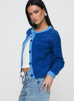 side view of model wearing Princess Polly Oak Meadow Cardigan Blue Jumpers 