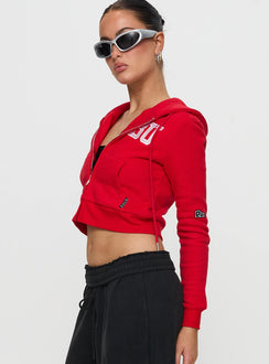 side view of model wearing Princess Polly BU MIA Zip Sweater Red cropped Jumpers 
