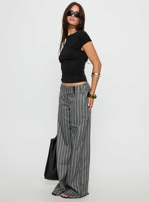 Crafted with style, the Cedars Low Rise Pant Grey Stripe Petite womens-regular-pants side view of model wearing Princess Polly