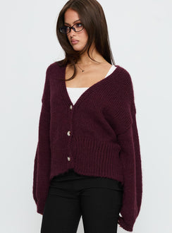 side view of model wearing Princess Polly Yasmyn Knit Cardigan Burgundy Longline Jumpers Jumpers 