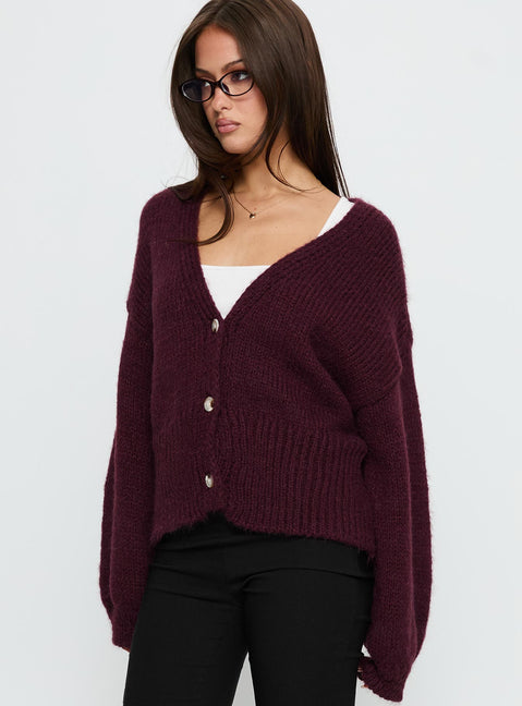 side view of model wearing Princess Polly Yasmyn Knit Cardigan Burgundy Longline Jumpers Jumpers 
