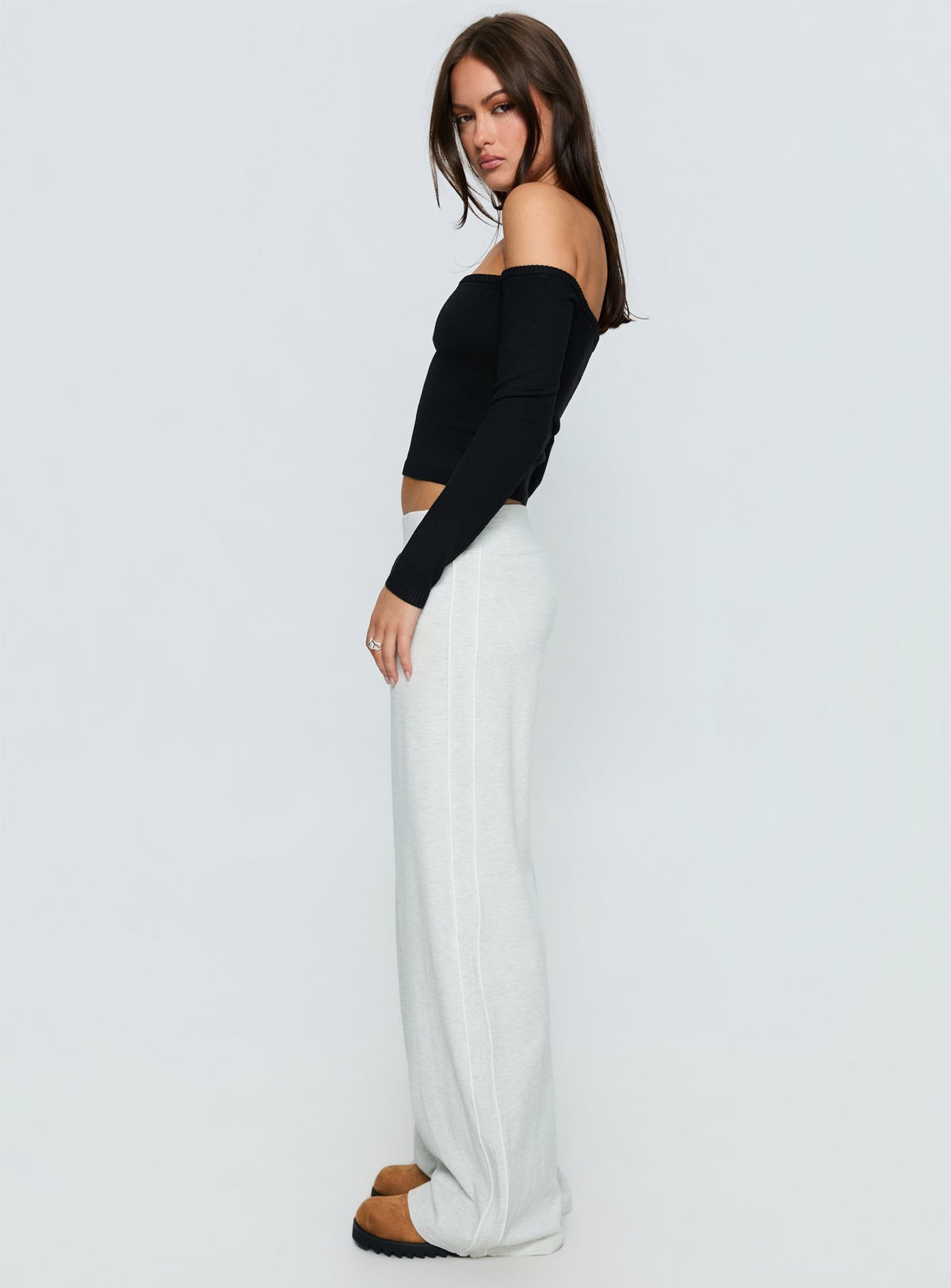 side view of model wearing Princess Polly Ascenda Straight Leg Track Pant Grey Marle Mid Rise Pants Pants 