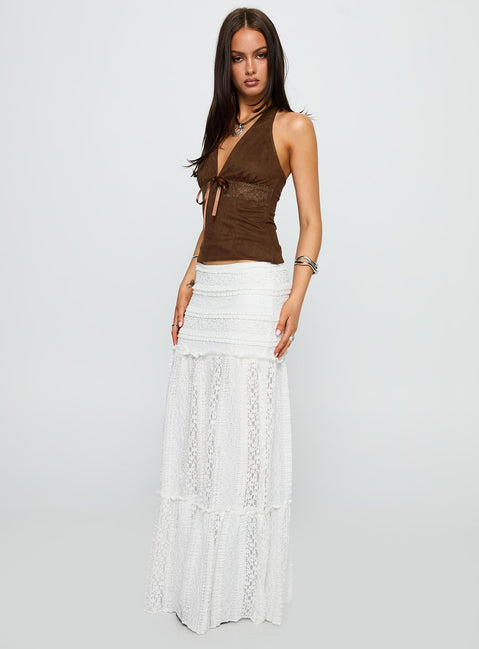   side view of model wearing Princess Polly Emanuella Lace Maxi Skirt White Maxi 