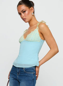 side view of model wearing Princess Polly Delvonte Top Blue / Yellow Sleeveless V-Neck 