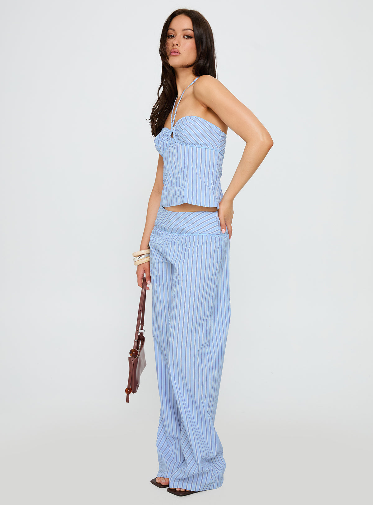 front view of model wearing Princess Polly Sofea Mid Rise Pant Blue Stripe High Rise Pants Pants 
