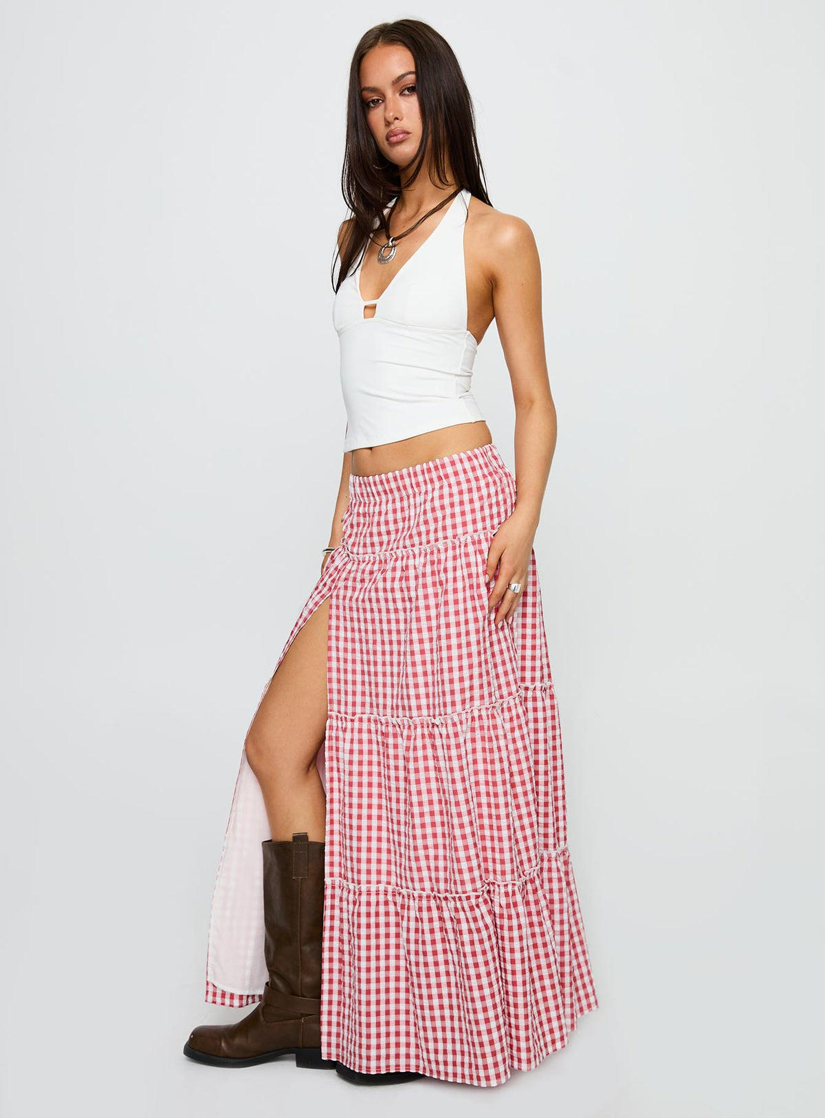   side view of model wearing Princess Polly Ilaina Tiered Maxi Skirt Red Check Maxi Skirts Skirts 