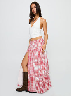   side view of model wearing Princess Polly Ilaina Tiered Maxi Skirt Red Check Maxi Skirts Skirts 