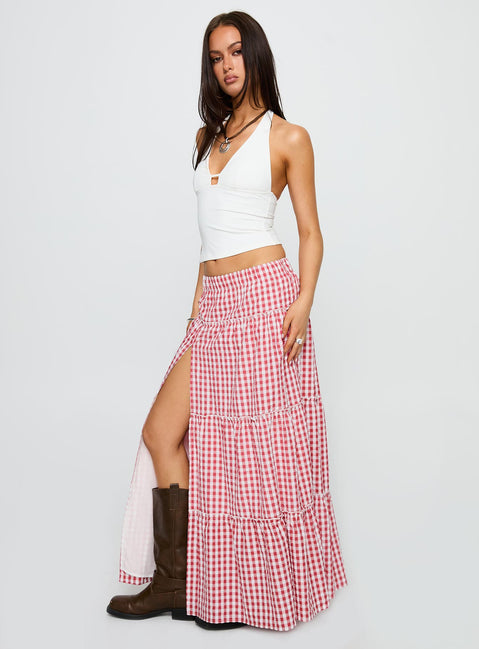   side view of model wearing Princess Polly Ilaina Tiered Maxi Skirt Red Check Maxi Skirts Skirts 