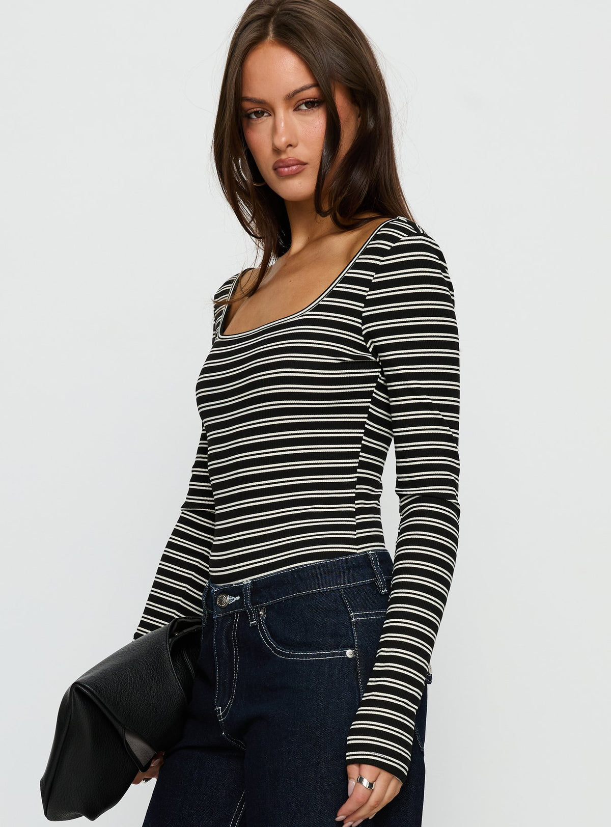 side view of model wearing Princess Polly Donica Square Neck Long Sleeve Bodysuit Grey Stripe Long Sleeve Tops Bodysuit 