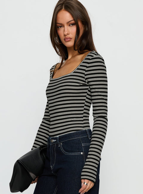 side view of model wearing Princess Polly Donica Square Neck Long Sleeve Bodysuit Grey Stripe Long Sleeve Tops Bodysuit 