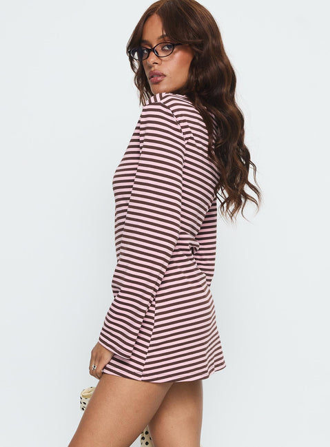 Lulolah Long Sleeve Mini Dress Chocolate / Pink Stripe