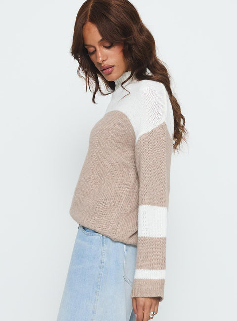 side view of model wearing Princess Polly Brandalyn Contrast Mock Neck Knit Sweater Multi Jumpers 