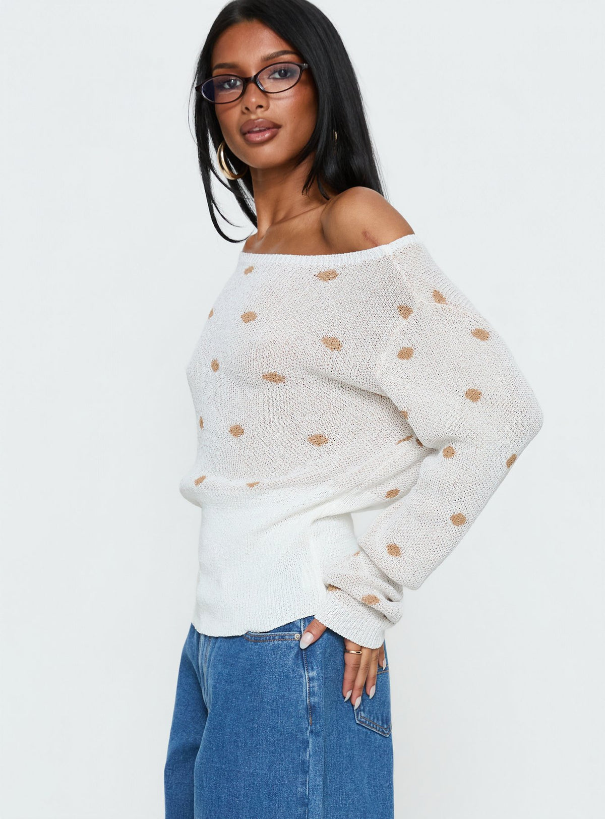side view of model wearing Princess Polly Harvy Off Shoulder Knit Sweater White Polka regular Jumpers 
