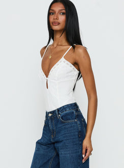 side view of model wearing Princess Polly Nerisse Keyhole Bodysuit White Sleeveless Bodysuit 