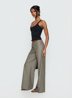 side view of model wearing Princess Polly Jette Tailored Buckle Pant Taupe Pinstripe Mid Rise Pants Pants 